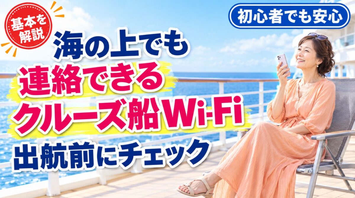 クルーズ船のデッキでWi-Fiにつないだスマホを持つ60代女性