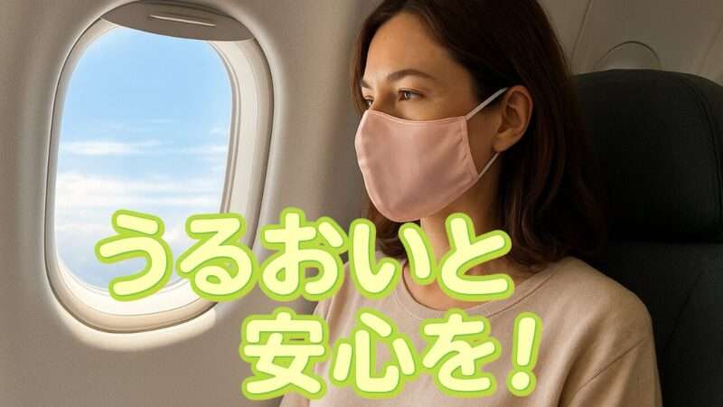 飛行機の中でマスクをしている女性と文字（うるおいと安心を！）