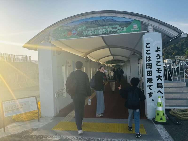 早朝に伊豆大島岡田港に到着した様子