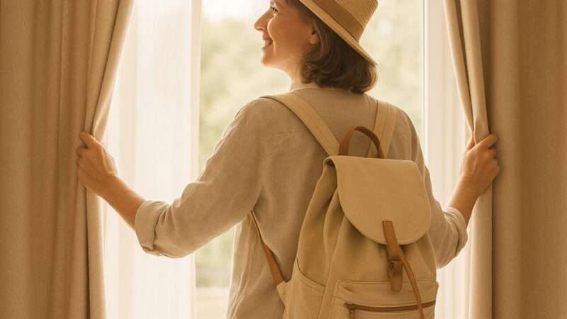カーテンを開けている女性の後ろ姿