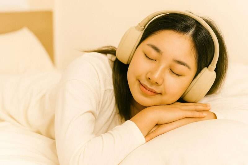 女性がイヤーマフをしてスヤスヤと寝ている様子