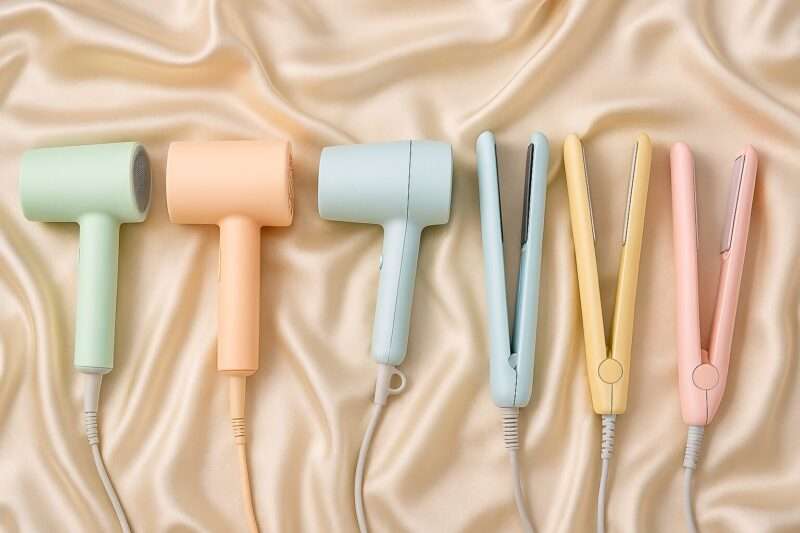パステルカラーのドライヤーとヘアアイロンが６つ並んでいる様子
