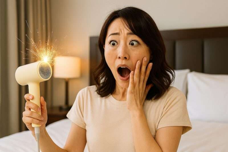 ドライヤーから火花が出てびっくりしている女性