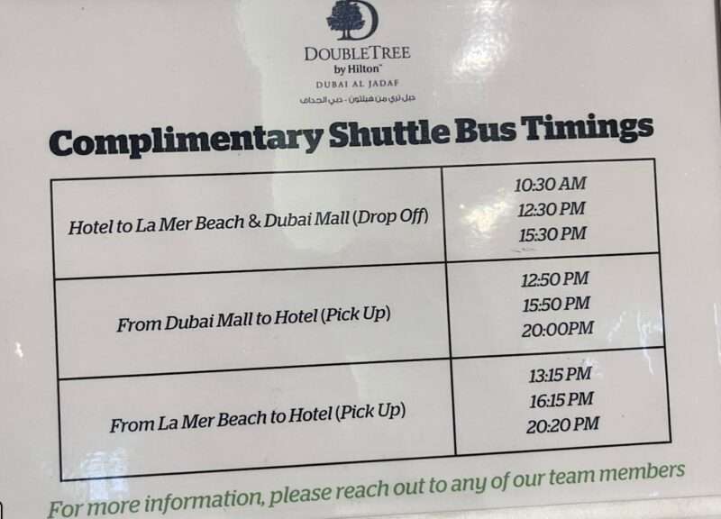 ドバイのホテル「ダブルツリー・バイ・ヒルトン・ドバイ・アルジャダフ」シャトルバス時刻表