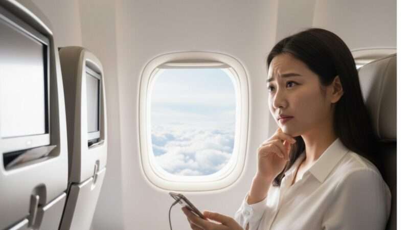 飛行機の中で悩んでる女性