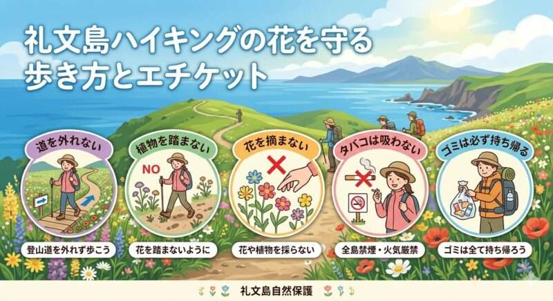 礼文島ハイキング　花を守るエチケット