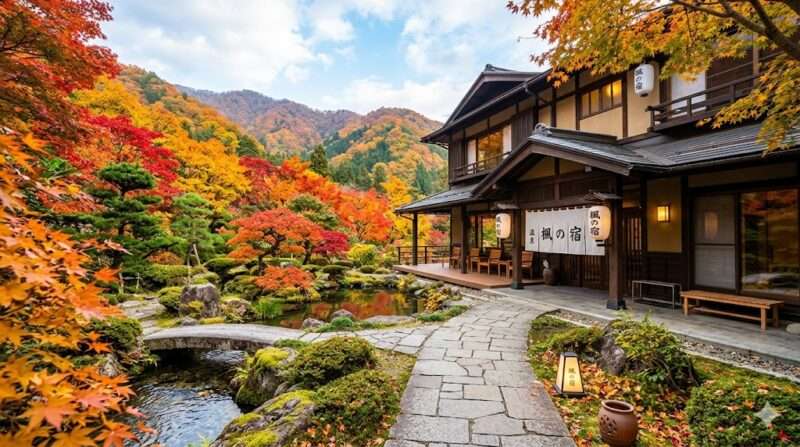 紅葉の中のステキな和風旅館