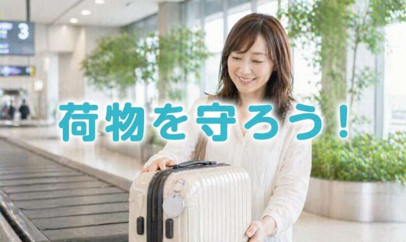 空港のターンテーブルでスーツケースを笑顔で受け取っている女性