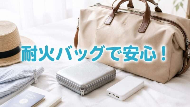 ベッドの上に耐火バッグとモバイルバッテリーや旅行グッズが広げられた旅行準備の様子