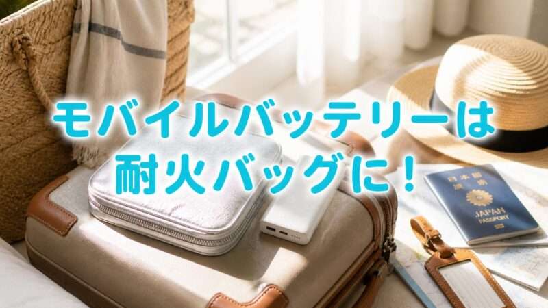 ホテルのベッドに並ぶ耐火バッグとモバイルバッテリーとパスポートの旅行準備