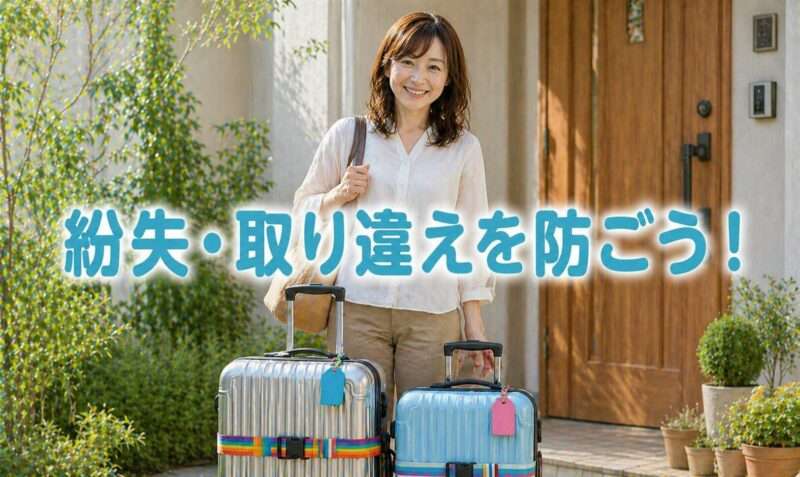 カラフルなベルトとタグをつけたスーツケースを持ち笑顔で立つ女性