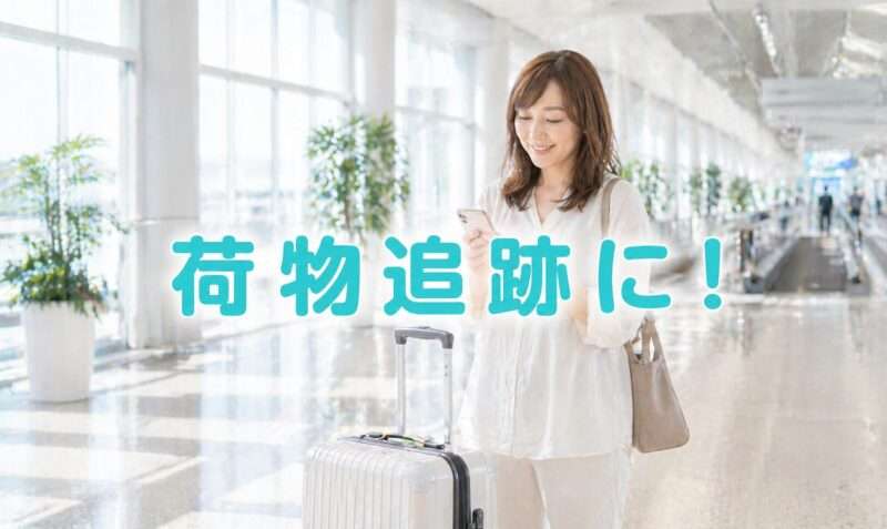 空港内でスーツケースを引きながらスマホで荷物の場所を確認している女性