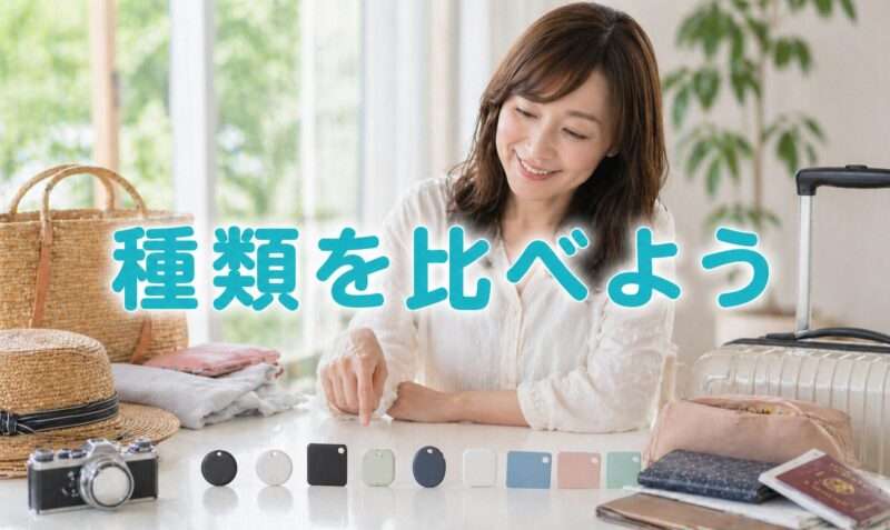 机の上に並べた複数のスマートタグを見比べている女性