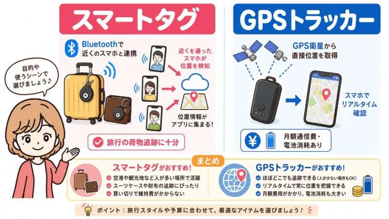 スマートタグとGPSトラッカーの仕組みの違いを、旅行のスーツケース追跡向けに比較したイラスト