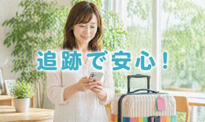 スーツケースのそばでスマホを使って荷物を追跡している女性
