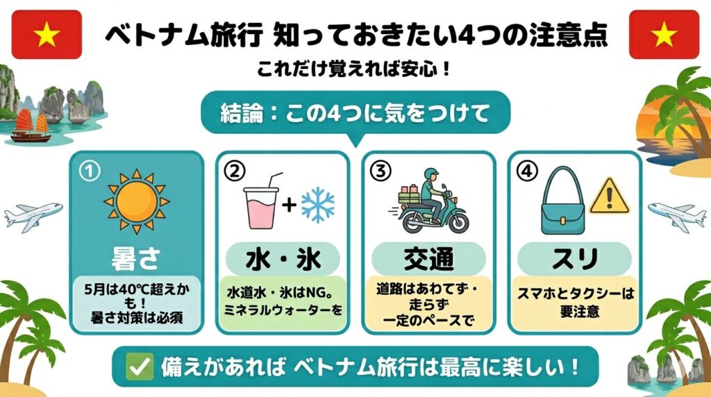 ベトナム旅行の４つの注意点（暑さ・水（氷）・交通・スリ）