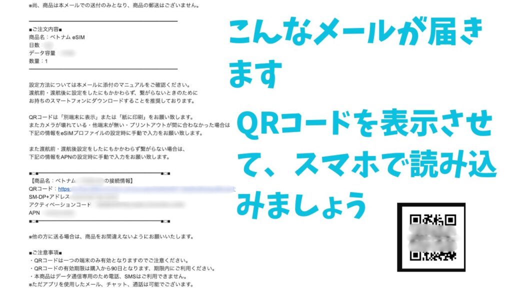 eSIM-sanから届いたemailのサンプルとQRコードサンプル