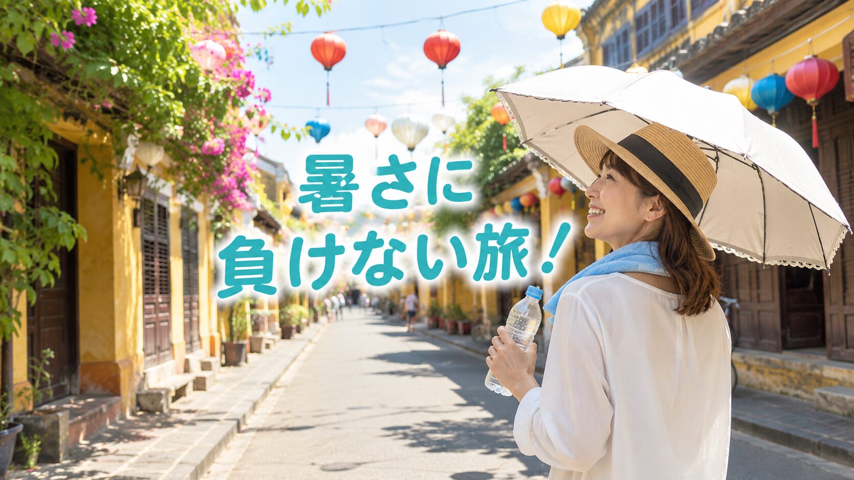 ベトナム中部ホイアンで、日傘や帽子、冷感タオル、水分補給をしながら暑さ対策をして観光する40代女性のイメージ写真