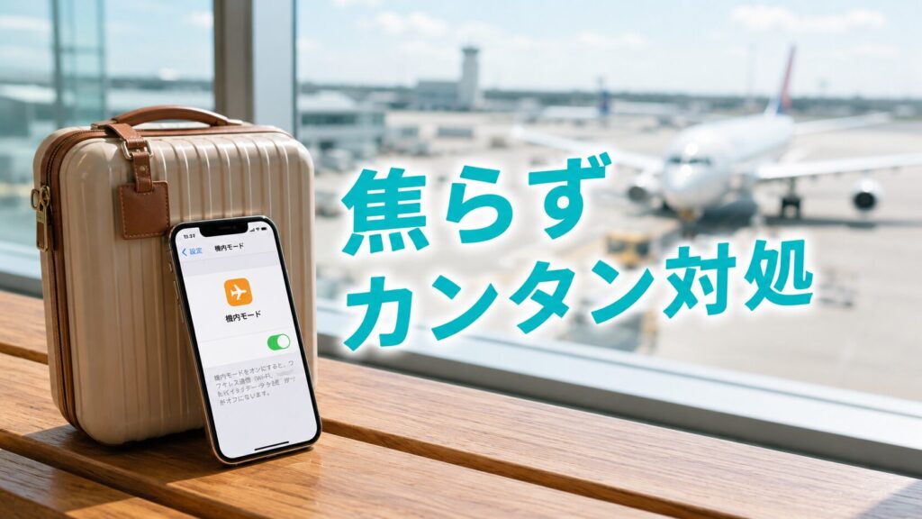 空港で飛行機を背景にスマホのメモアプリを見ながらeSIMトラブルに対処する様子