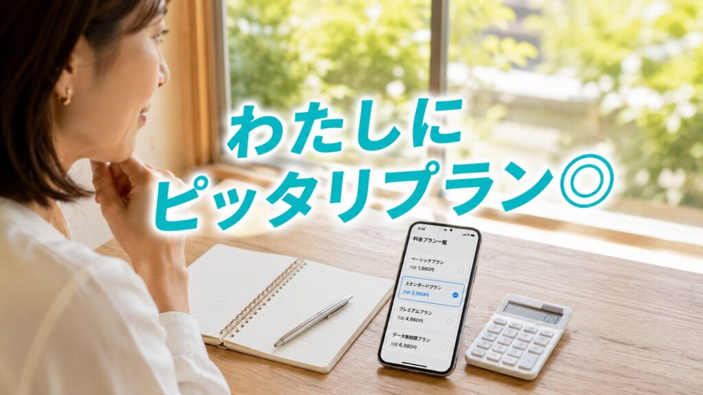 スマホで料金プラン一覧を見比べながら自分に合うeSIMプランを選ぶ女性の様子