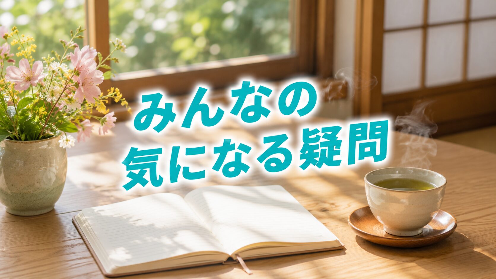 和室の机に開いたノートとお茶が置かれたみんなの気になる疑問のイメージ画像