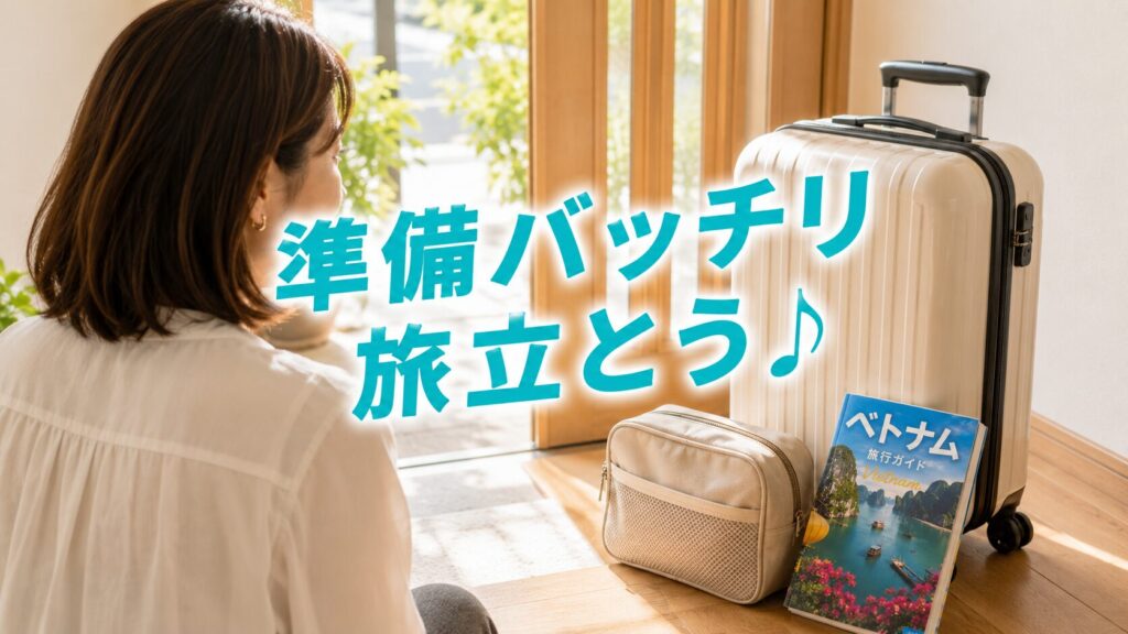スーツケースとベトナム旅行ガイドを準備して旅立ちを待つ女性の後ろ姿