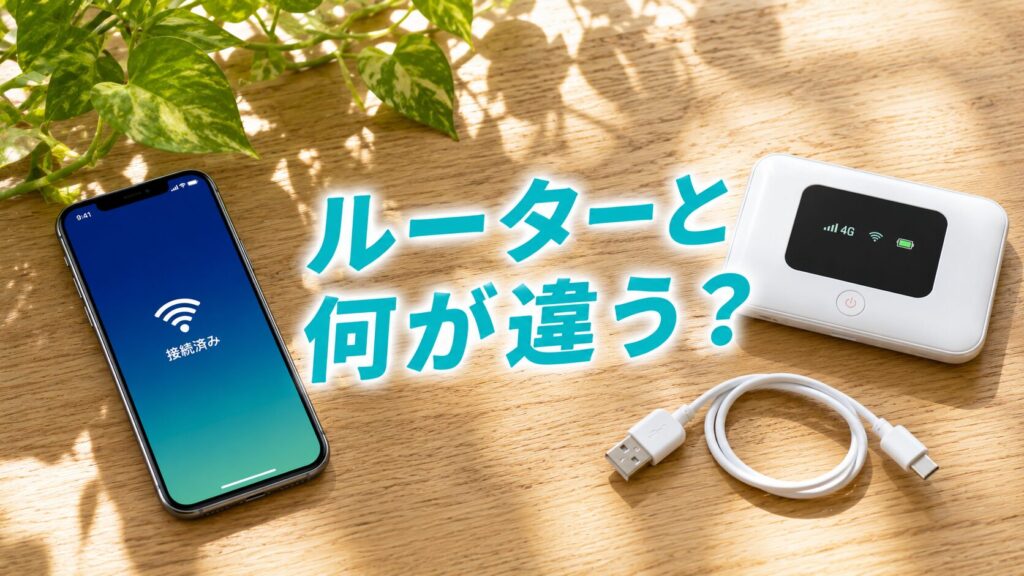 接続済みのスマホとモバイルWi-Fiルーター、USBケーブルを並べeSIMとの違いを示す画像