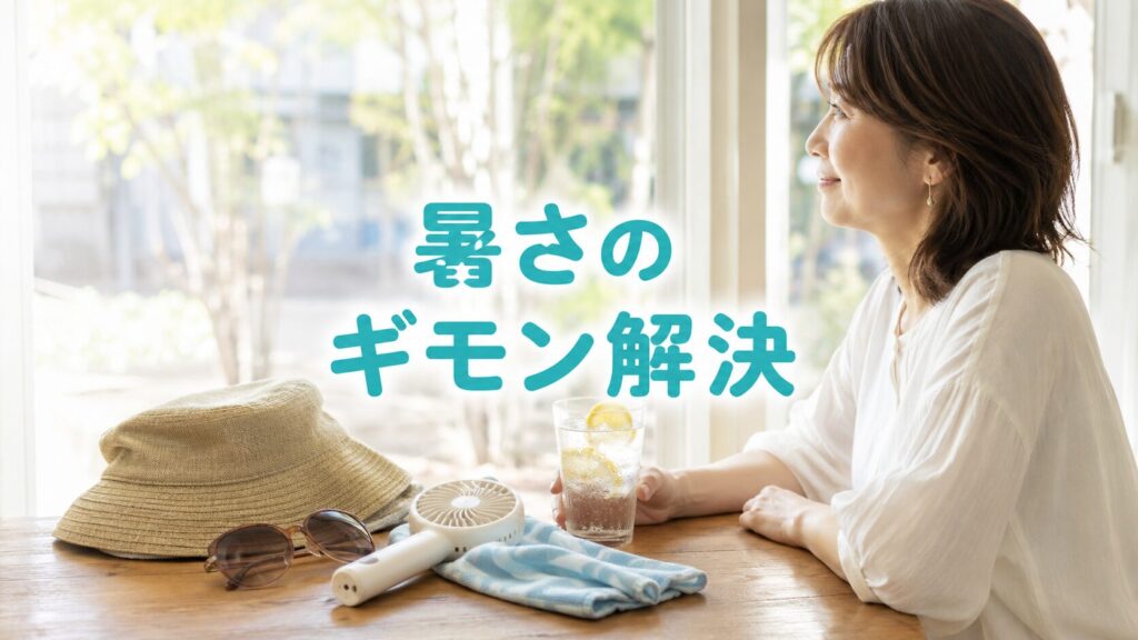 ベトナム旅行の暑さ対策をイメージした写真。帽子やハンディ扇風機、冷感タオル、サングラスをカフェテーブルに並べ、40代女性が休憩している様子