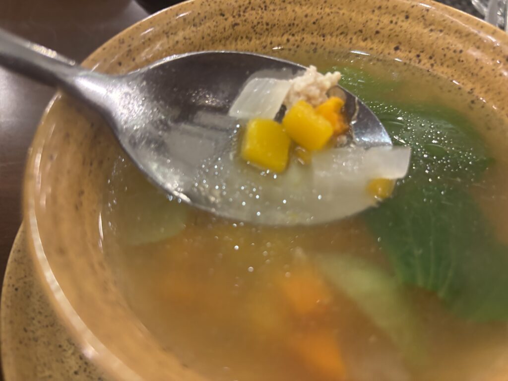 シルコテル ホイアンのレストランで提供された野菜とひき肉入りスープをスプーンですくった様子