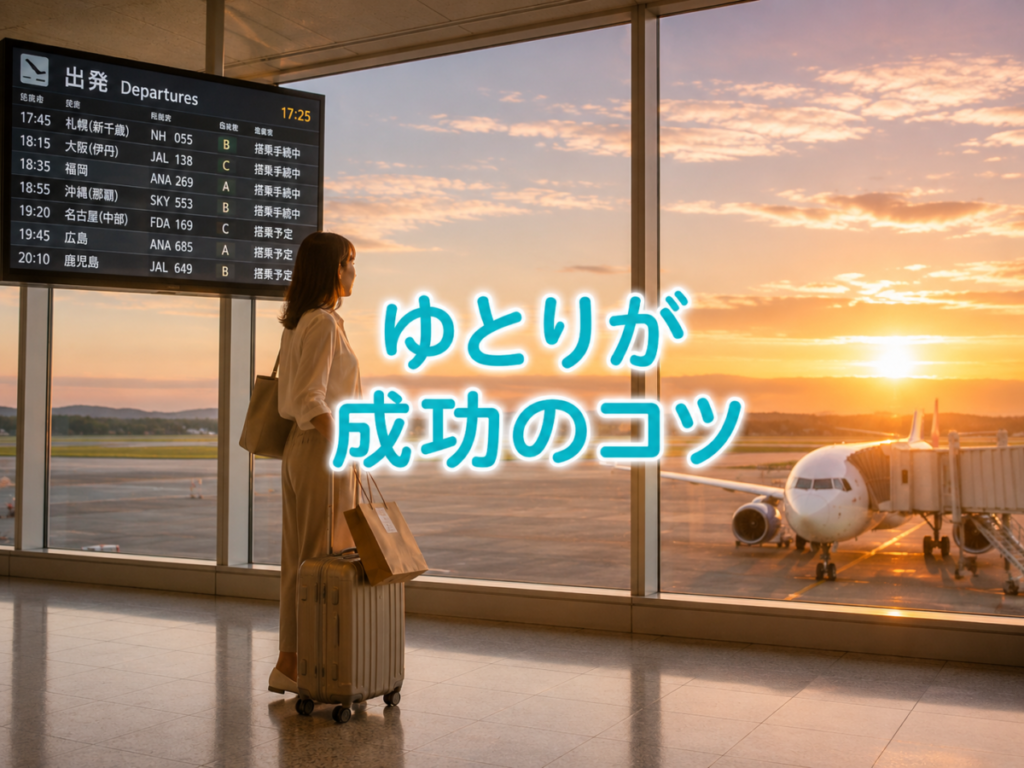 夕焼けが見える空港ターミナルで、キャリーケースを持ち余裕を持って出発を待つ女性