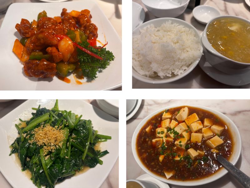 ダナンのCrystal Jade Kitchen(クリスタル・ジェイド・キッチン)の酢豚、スープと白米、野菜とニンニク炒め、麻婆豆腐