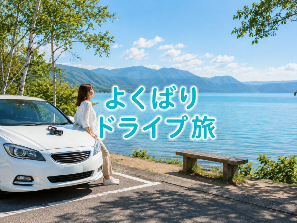 北海道の青い湖畔で白い車と女性が美しい湖と山並みを眺めるドライブ旅行のイメージ