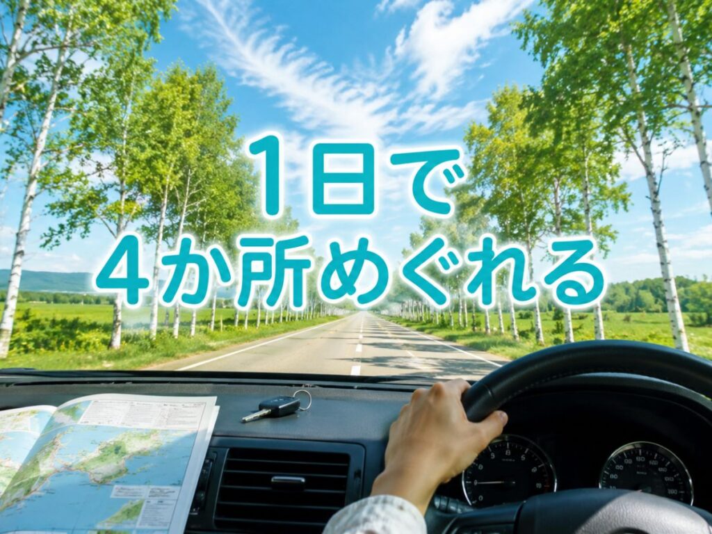 北海道の白樺並木をレンタカーでドライブし、1日で4か所をめぐるイメージ