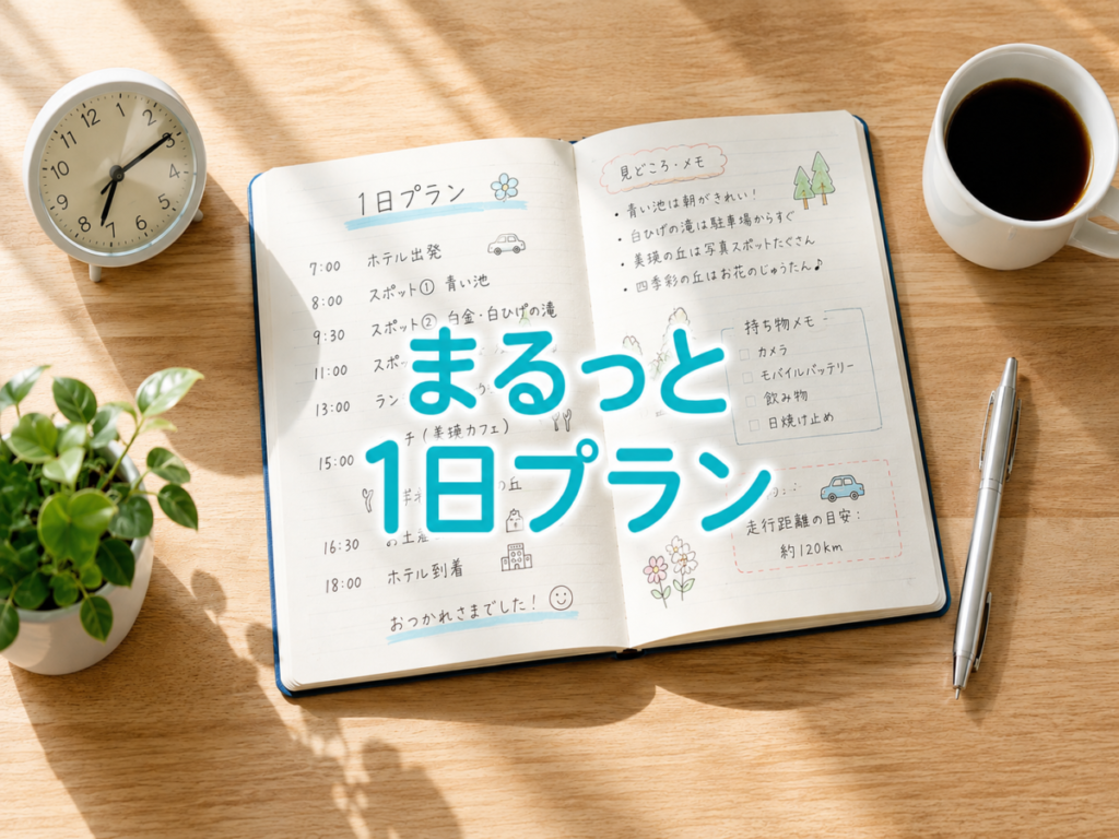 北海道旅行の1日プランをノートに書き込み、時間割を確認している旅の計画イメージ
