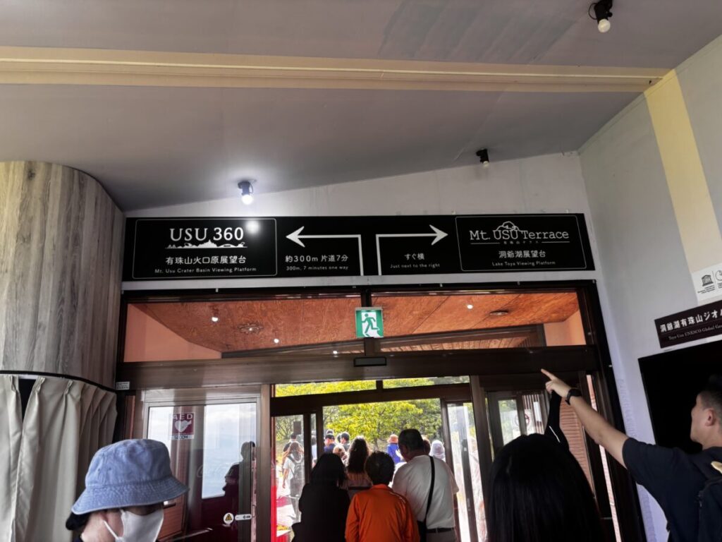 有珠山山頂駅の案内板、USU360まで片道7分とMt.USUテラスの方向を示す表示