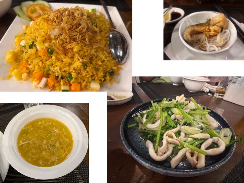 ベトナム・ダナンのMuối Biển Seafood Restaurant(ムオイビエン)のイカと青菜の炒め物、炒飯、スープ、魚と米麺