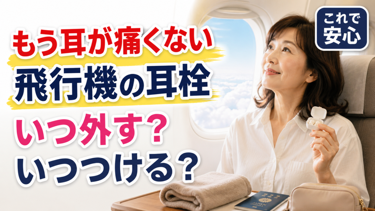 飛行機の中で女性が耳栓を持っている様子と飛行機の耳栓はいつ外す？いつつける？の文字