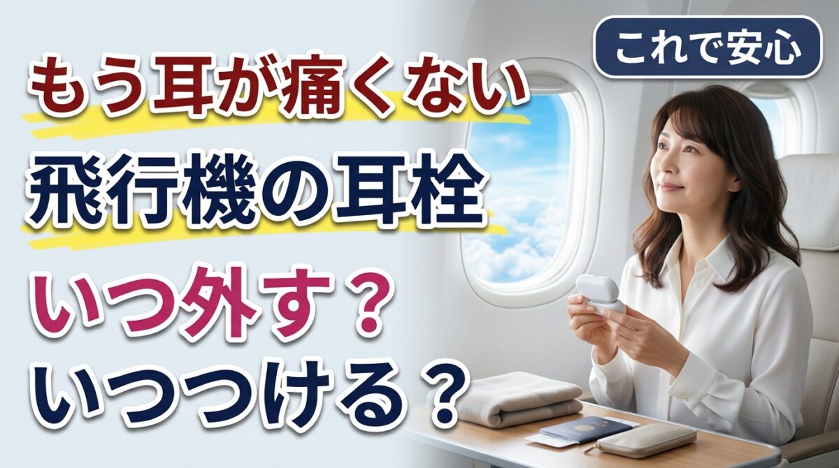 飛行機の中で女性が耳栓を持っている様子と飛行機の耳栓はいつ外す？いつつける？の文字
