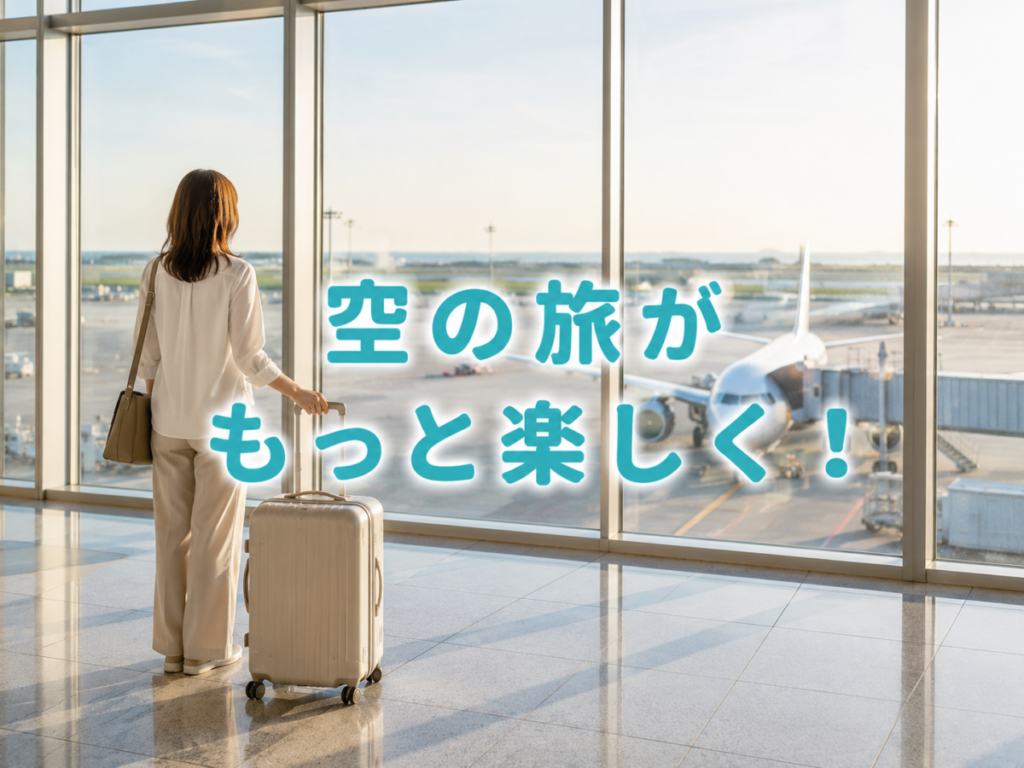 空港の出発ロビーでスーツケースを引き飛行機を眺める女性の後ろ姿