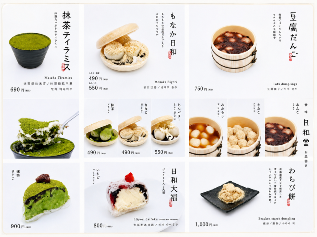 登別温泉の甘味処「日和堂」のお品書き、豆腐だんごやわらび餅など和スイーツの一覧