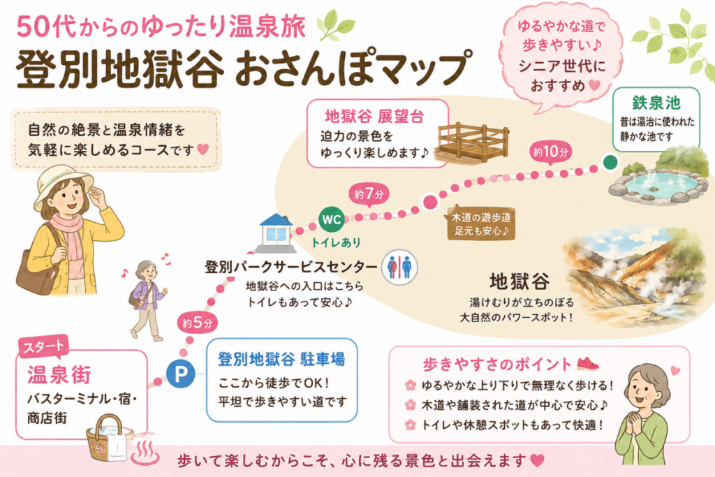 登別地獄谷のおさんぽマップ、温泉街から鉄泉池までの所要時間と歩きやすさの図解