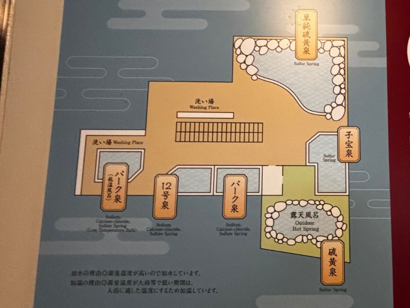 パークホテル雅亭の浴場案内図、硫黄泉やパーク泉など湯船ごとの泉質が並ぶ