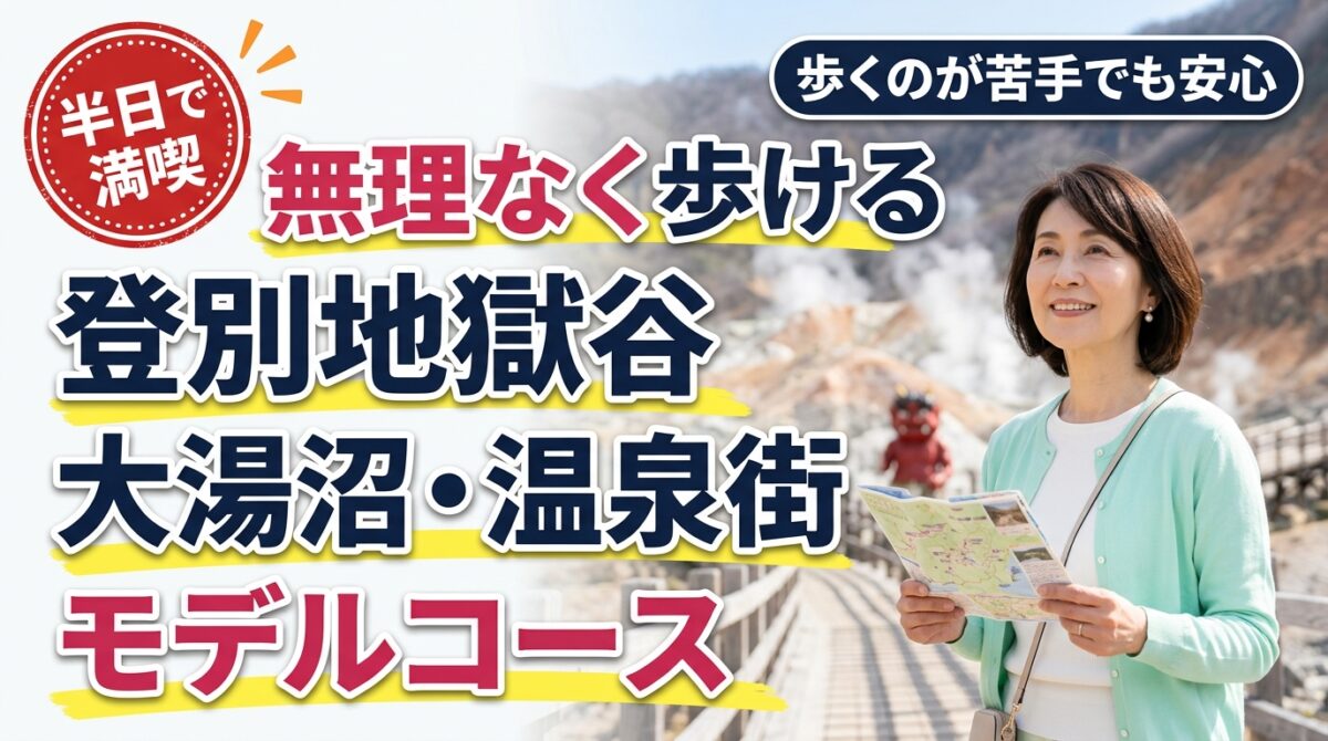 登別地獄谷と木道を背景にマップを持つ50代女性。「無理なく歩ける 登別地獄谷 大湯沼・温泉街 モデルコース」の文字