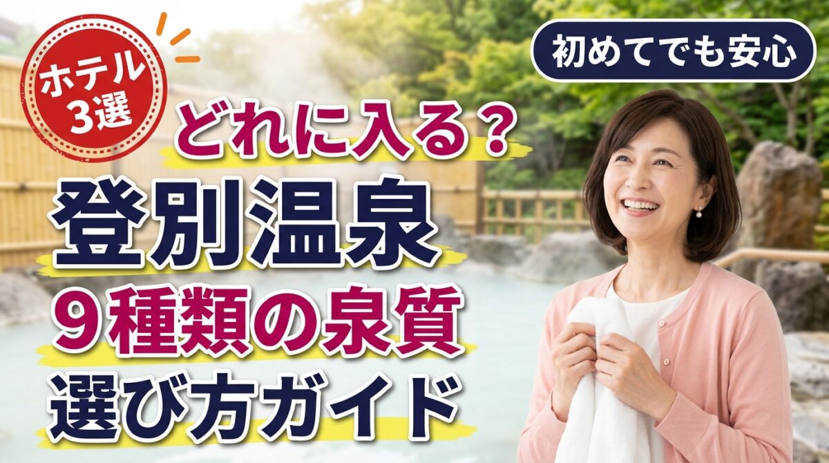 登別温泉の露天風呂背景と笑顔の50代女性。「どれに入る？ 登別温泉 9種類の泉質 選び方ガイド」の文字
