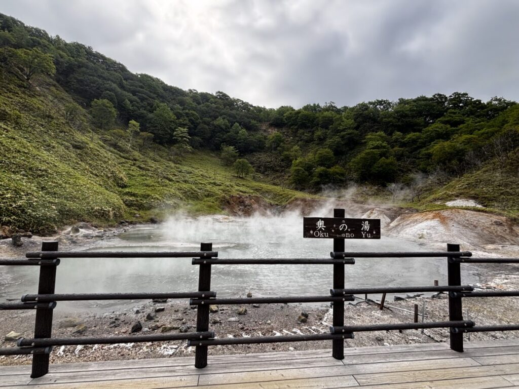 奥の湯の木の看板と、湯けむりを上げる乳白色の湯だまり