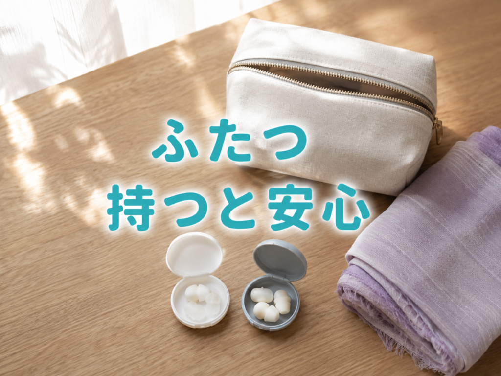旅行前の机に並べた気圧調整用と防音用の耳栓ケース2つとトラベルポーチ