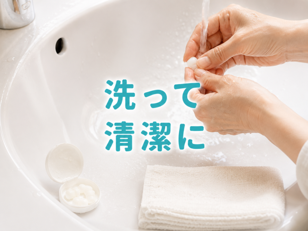 洗面台で飛行機用の耳栓を水洗いして清潔に保つ手元とタオル