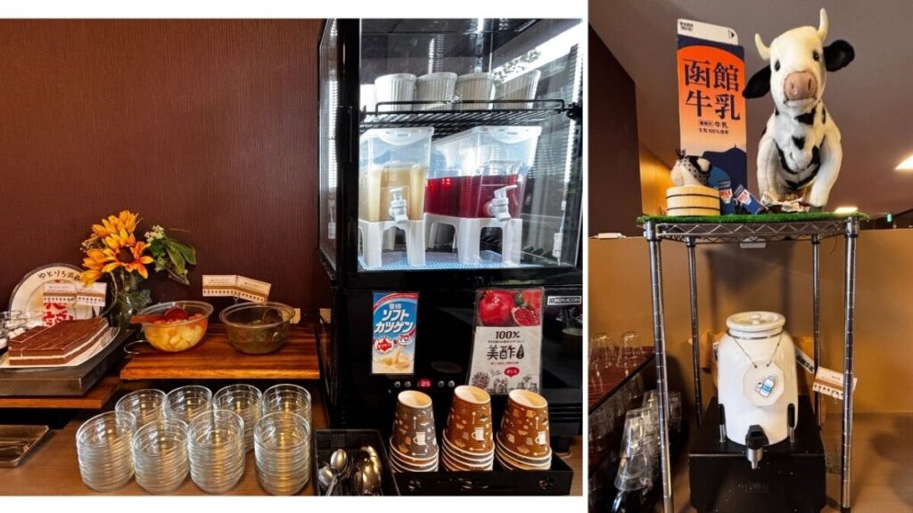 朝食会場の函館牛乳のサーバーと牛のぬいぐるみ、ソフトカツゲンとジュース
