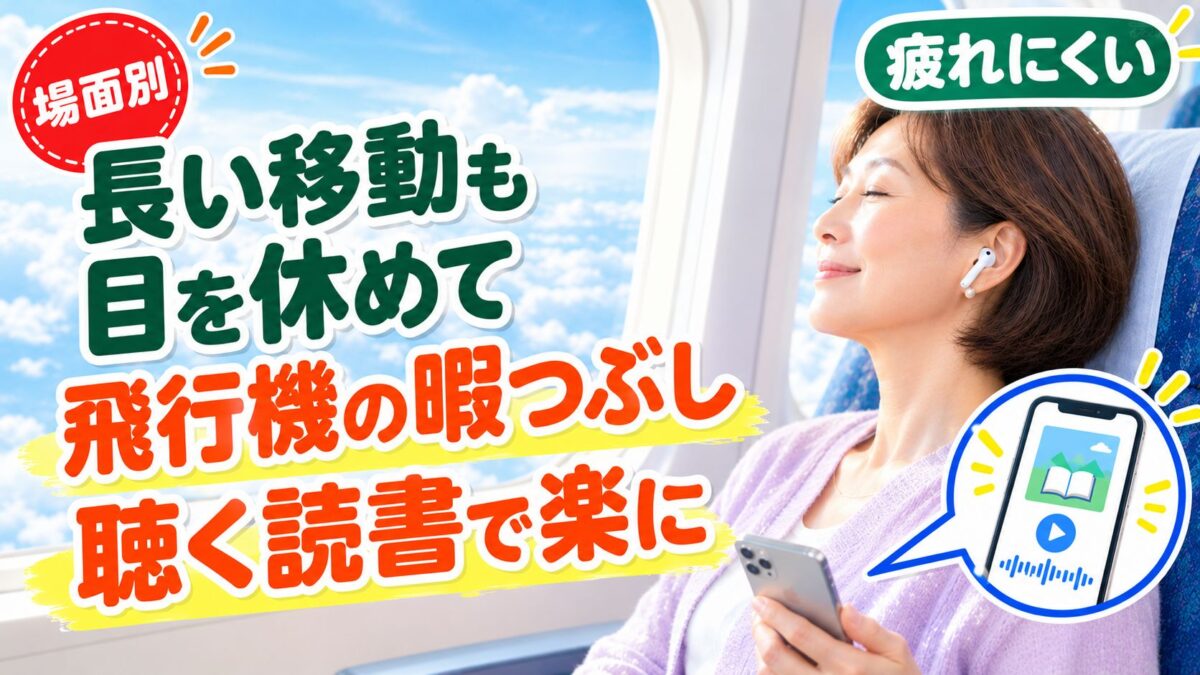 飛行機の窓際でイヤホンをつけ目を閉じる50代女性と飛行機の暇つぶしの文字