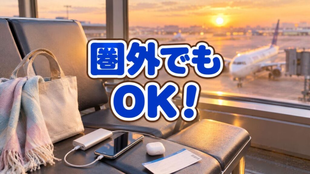 空港の待合席で充電する飛行機の暇つぶし用スマホとイヤホンケース